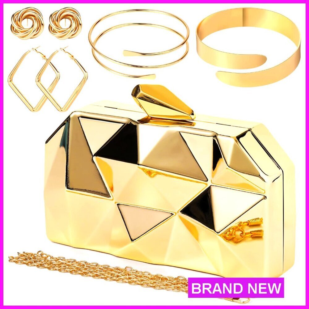Gold Metallic Evening Clutch Purse Set with Jewelry for Parties Wedding Prom